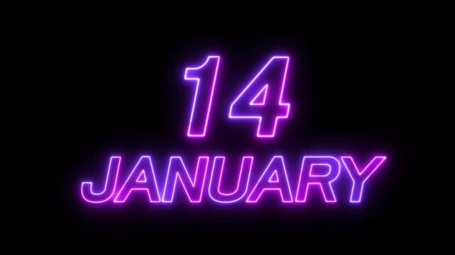 Glowing neon 14 january date text animation on black background. Neon January 14 Calendar Date Animation. suitable for event promotion, reminders, or important announcements.
