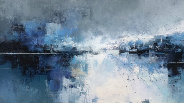 Abstract impressionist landscape painting of a serene water reflection under a moody sky