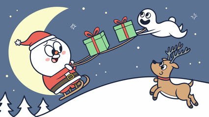 Naklejka premium Snowmen and reindeer meets cute Chrismast ghost on a flying sleight when he is about to deliver Christmas present to residents 