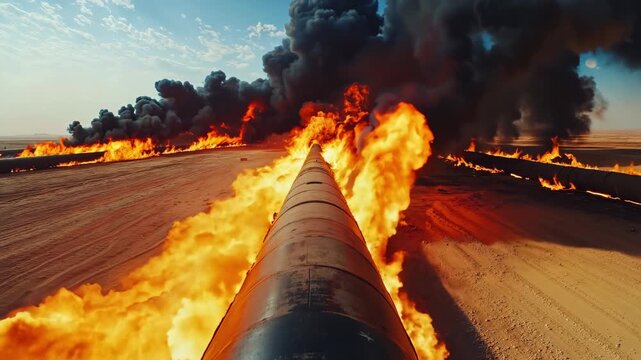 A large pipe on fire in the middle of a desert