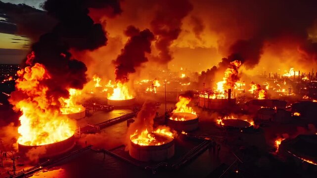 A large group of oil tanks on fire in an oil refinery