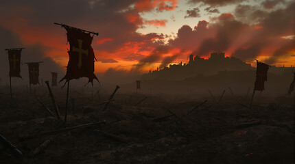 Naklejka premium Dramatic medieval battlefield at sunset with tattered flags and castle