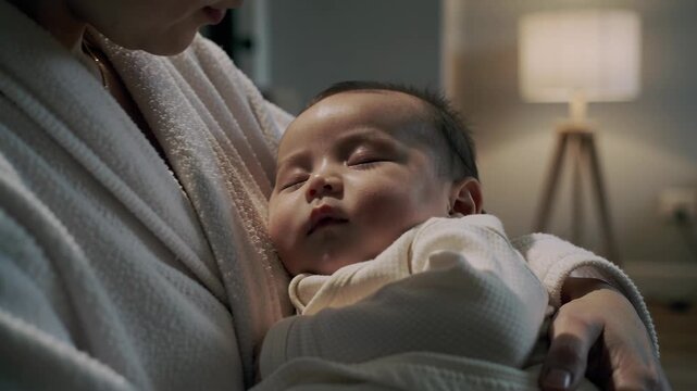 Asian woman cradling a sleeping newborn baby at home, concept of maternity, childcare, and nurturing parents