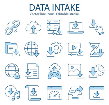 Data intake icons. Showing downloads, cloud sync, file transfer, and digital access processes. Editable stroke. Change to any size and color.