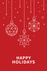 Red Christmas poster vector template; Minimalist white line art hanging ornaments; Simple Happy Holidays card