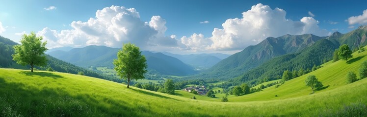 Fototapeta premium Vast green mountain valley with rolling hills and a clear blue sky. A small village nestles among trees under majestic peaks. Lush meadows stretch to distant blue mountains.