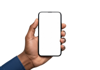 Detailed black man's hand holding a frameless black smartphone with a blank white screen against a transparent void, zero shadows, perfect high-key lighting, clean mobile advertising mockup concept