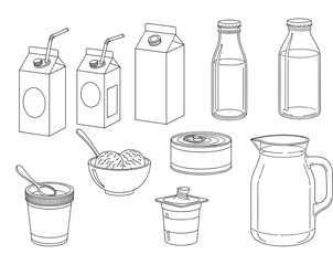 A simple black outline vector set of various food and beverage containers, including cartons, bottles, a can, a yogurt cup, and a bowl, ideal icons for packaging and grocery graphics.
