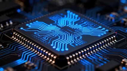 Closeup of a glowing blue circuit board