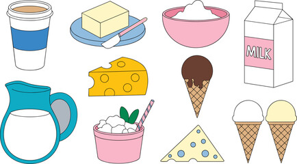 A vibrant vector set of outlined dairy products and related foods, including milk, cheese, ice cream cones, butter, and a coffee cup, perfect for grocery and food industry graphics.