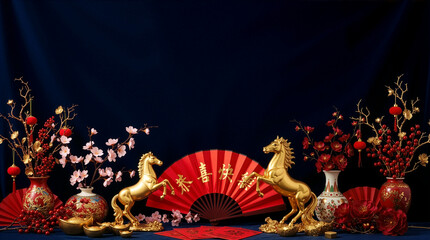 Chinese New Year 2026 golden horse decorations with red fan and plum blossoms on navy background