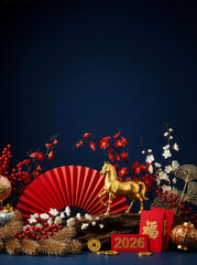 Chinese New Year 2026 decoration with golden horse, red fan and plum blossoms on navy background