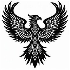 Obraz premium Intricate black phoenix bird illustration in Samoan art style. Mythical creature with spread wings and ornamental feathers, isolated on white background. Powerful symbol.