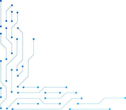 Blue circuit board corner on white background. Abstract circuit board technology with dots and lines