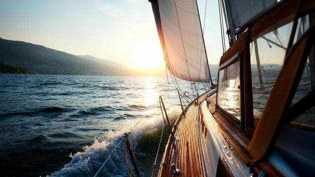 Sailing boat cuts through sparkling water at sunrise with dramatic spray and mountains in distance symbolizing freedom travel and nautical adventure
