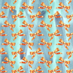 Seamless pattern. Watercolor gold bow. Hand painted illustration for children's design, kids room, nursery, wallpaper, fabric, baby cloth, home textile