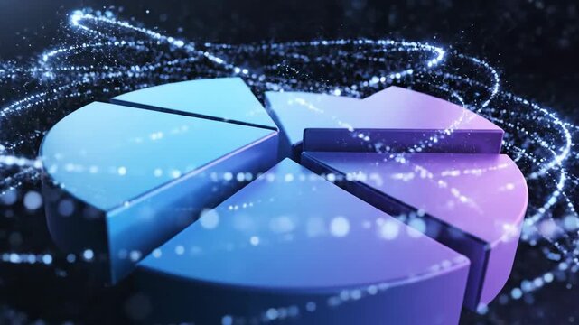 Abstract pie chart segments with glowing digital energy streams drifting upwards