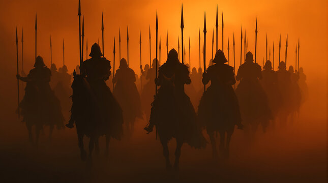 Medieval warriors on horseback charge into battle at sunset