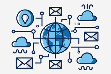 A detailed illustration of global network connectivity, showing data flow, cloud services, and communication.
