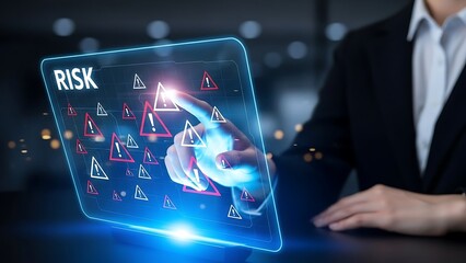Business hand touching virtual screen displaying risk warning symbols and cybersecurity alerts