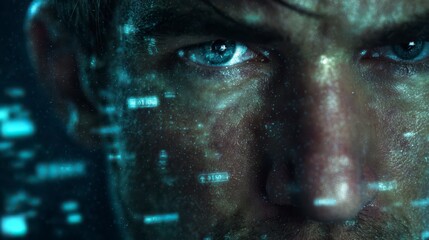 Cybernetic Gaze: A close-up portrait of a determined individual, their face overlaid with intricate digital patterns, hinting at a connection between human intellect and the virtual world.