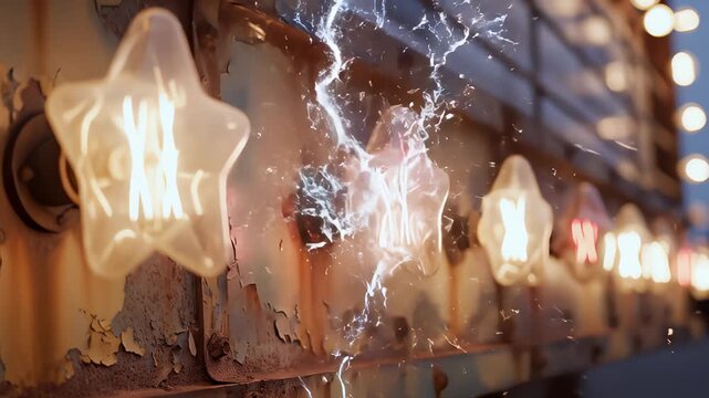 Glowing Star Lights Line Against Weathered Metal Surface Texture