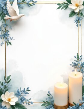 White dove flies near burning candles and soft blue flowers framing white space for text. Peaceful floral border with gold trim invites contemplation and remembrance of loved ones.