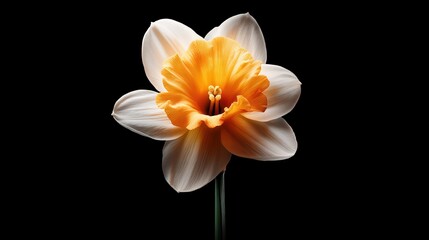 Fototapeta premium A close-up of a vibrant daffodil flower, showcasing its delicate petals and bright orange center against a stark black background.