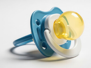 Blue and yellow pacifier on white background