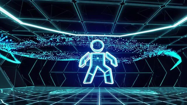 A digital miner icon surrounded by flowing data streams representing data mining.