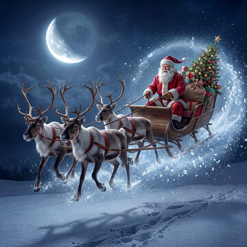 A Magical Christmas Eve Journey: Santa Claus Flying High with Reindeer and a Sleigh Full of Presents Under a Glowing Moon.