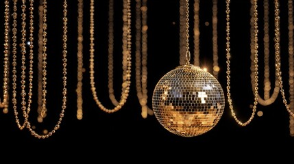 Luxurious golden disco ball with cascading bead chains and sparkling reflections on black background.