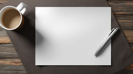 A4 Paper With Folded Corner, Silver Pen And Coffee Cup On Brown Tablecloth, Dark Background Mockup Template