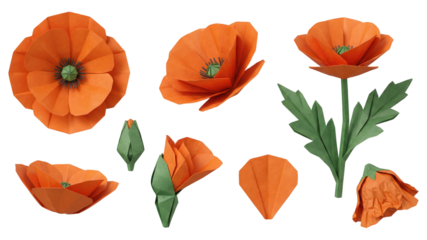 Orange Origami Poppy Flowers Isolated on White Background