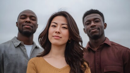 A diverse group of three friends two men and a woman standing together outdoors under a cloudy sky