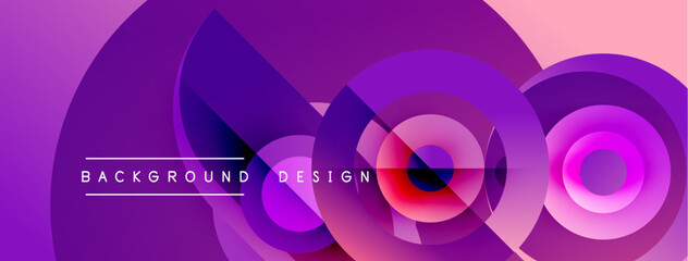 Abstract purple design features overlapping circles, gradients. Modern background with text elements, vibrant colors, dynamic composition.