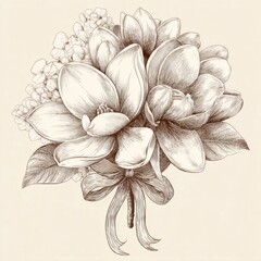 Detailed hand-drawn vintage floral bouquet featuring large petals and leaves in monochrome ink style.