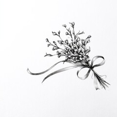 Delicate hand-drawn bouquet of small flowers tied with a flowing ribbon on textured paper.