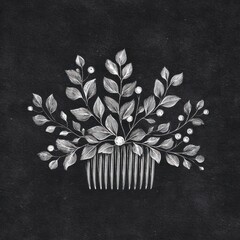 Vintage botanical hair comb illustration with leaves and berries on textured dark background.