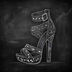 Chalkboard illustration of an ornate high-heeled sandal with intricate decorative patterns.