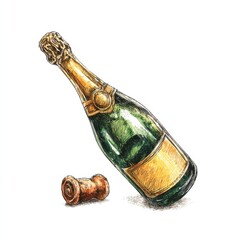 Illustration of a champagne bottle with a cork beside it on a white background.