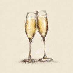Two sketched champagne flutes filled with sparkling bubbly on a light textured background.