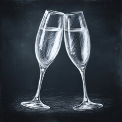 Two champagne glasses clinking in a toast, illustrated in white chalk on a blackboard background.