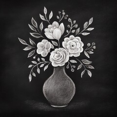 Chalk drawing of a vase holding a bouquet of flowers with leaves on a blackboard background.