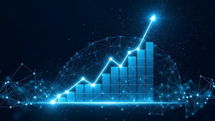 Futuristic blue graph with rising trend line and dots on dark background