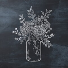 Chalk-style floral bouquet in a mason jar on a textured dark gray chalkboard background.