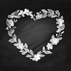White floral heart wreath drawing on black chalkboard background for romantic design.