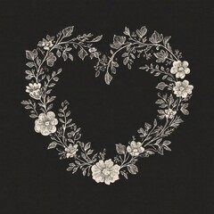 White floral heart wreath sketch on black textured background with detailed leaves and flowers.