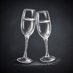 Two champagne glasses drawn in white chalk on a blackboard with a celebratory feel.