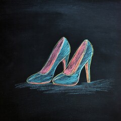 Chalk drawing of a pair of high-heeled shoes on a blackboard background.